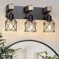 3-Light Farmhouse Bathroom Vanity Light with Wood & Matte Black Metal, Wall Sconce for Mirror, Bedroom, Hallway