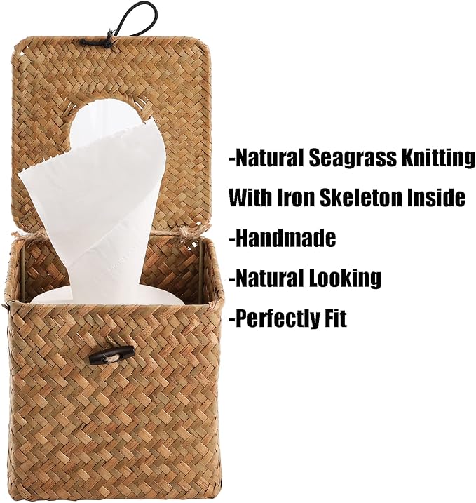 Yesland 2 Pack Square Seagrass Facial Tissue Box - Decorative Woven Paper Holder Napkin Dispense - 5 x 5 x 5 Inches Rattan Tissue Box Cover