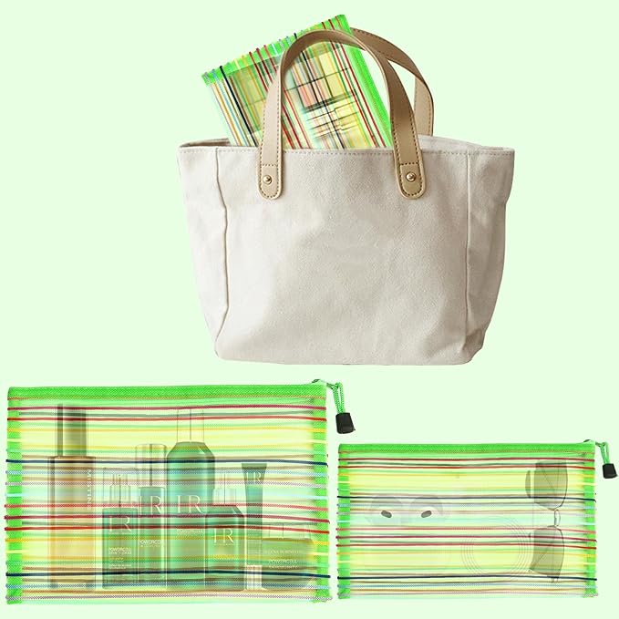 CarryEpic Mesh Bags with Zipper (6 Pack), Nylon Makeup Bag Cosmetic Pouches Travel Organizer Case for Purse Diaper Bag Home Organizing Striped Multi Size Green