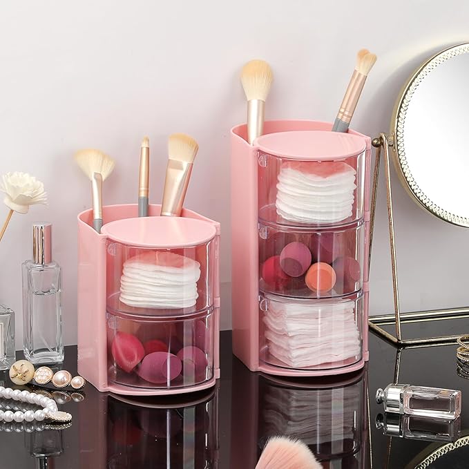 GUSHBIN Hair Accessories Organizer with Hair Brush Holder Spinning Cosmetic Storage Case for Makeup Sponge Plastic Desktop Organizer, 3-Layer Pink