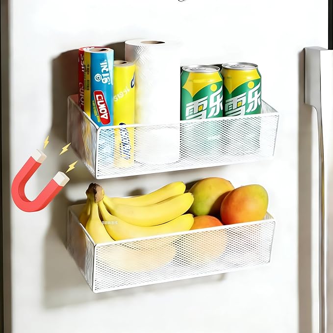 Magnetic Basket Organizer Holder for Fridge，Magnetic Shelf for Washing Machine， Magnetic Mesh Basket, White Rectangular Steel Shelf Organizer, 10.43 x 4.92 x 3.15 Inches (White, 2 pack)