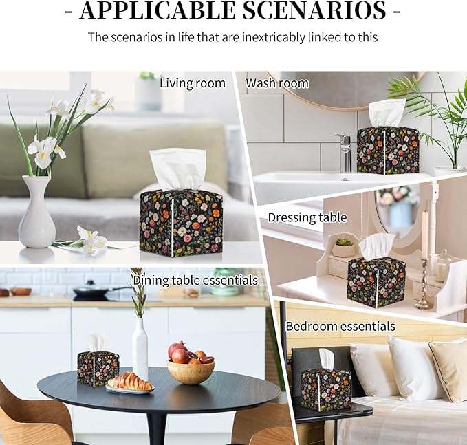 Spring Floral Tissue Box Cover Square Leather Tissue Holder Vintage Wildflower Decorative Facial Tissue Case for Bathroom Bedroom Living Room Office Desk Home Decor