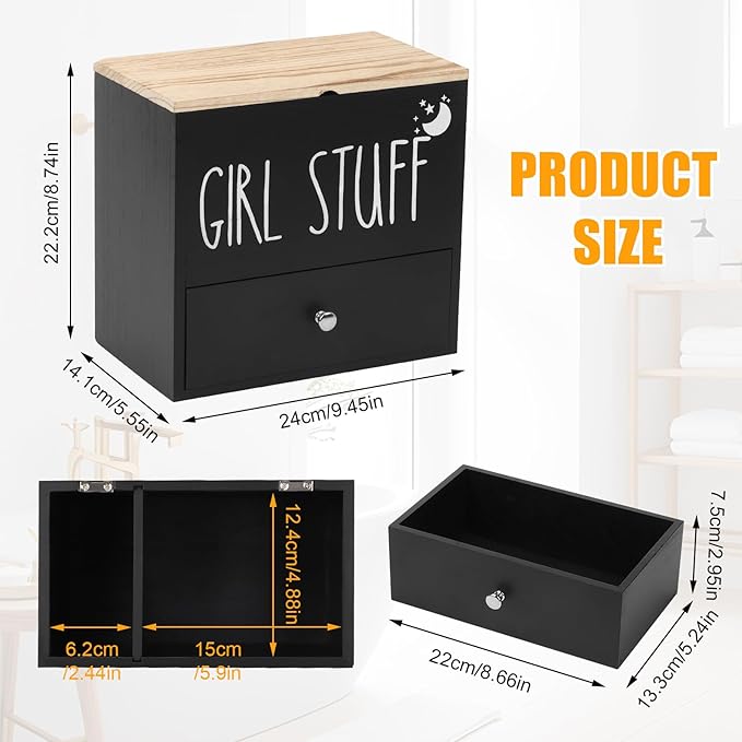 Tampon Holder for Bathroom, Feminine Product Organizer Pad Case with Lid, Pad and Tampon Organizer, Bathroom Accessories Box for Girl Stuff (Black with Drawers)