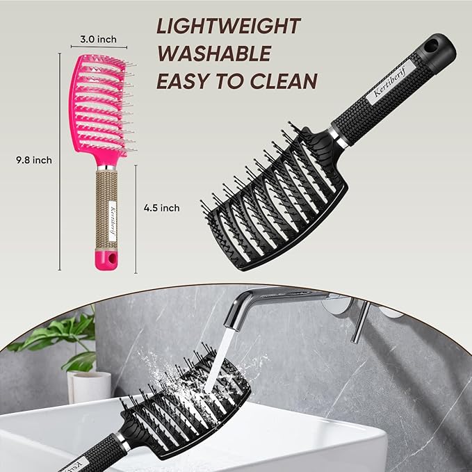 Kertiberif 2 Pack Curved Vented Detangling Brush for Wet & Dry Hair, Paddle Styling Brush for Faster Blow Drying, Detangler for Women, Men, Curly, Thick Hair