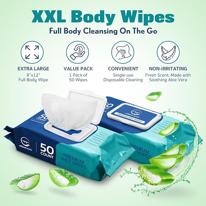Body Wipes for Adults - XL Wet Wipes 8"x 12"(50 count) | Rinse Free Bathing Wipes - Wash Cloths for incontinence, Disposable Washcloths with Aloe Vera and Vitamin E - Camping, Elderly, Bathing