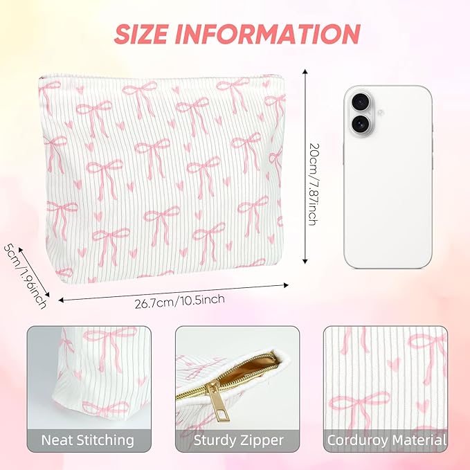 Ksriylm Cute Makeup Pouch for Women Bows Hearts Small Make Up Bag for Purse Zipper Initial Cosmetic Bags Pouches for Purse Aesthetic Travel Toiletrybags,Pink Bow Heart