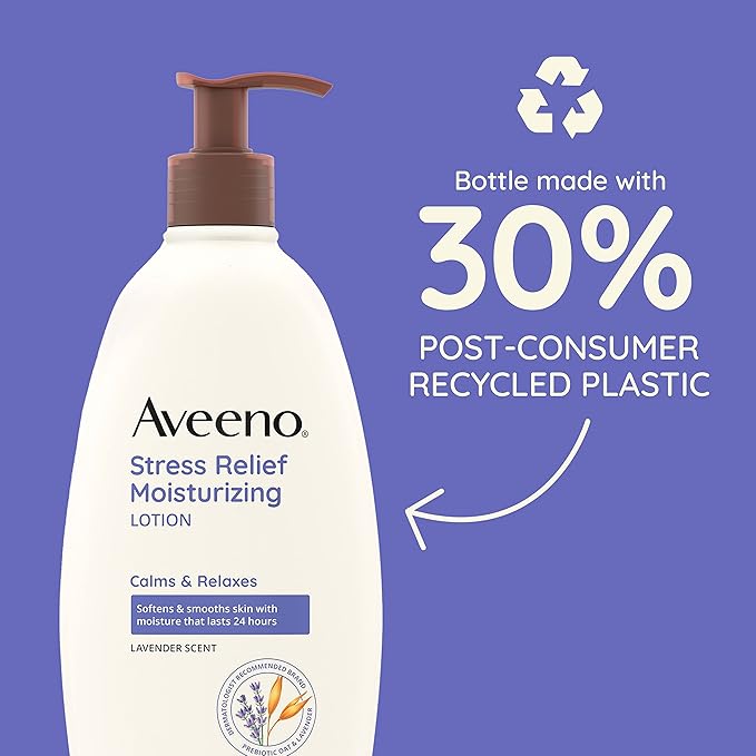 Aveeno Stress Relief Moisturizing Body Lotion with Prebiotic Oat & Lavender Scent for Sensitive Skin, Calms & Relaxes with 48 Hour Hydration, Fast Absorbing & Non-Greasy, 12 fl. oz