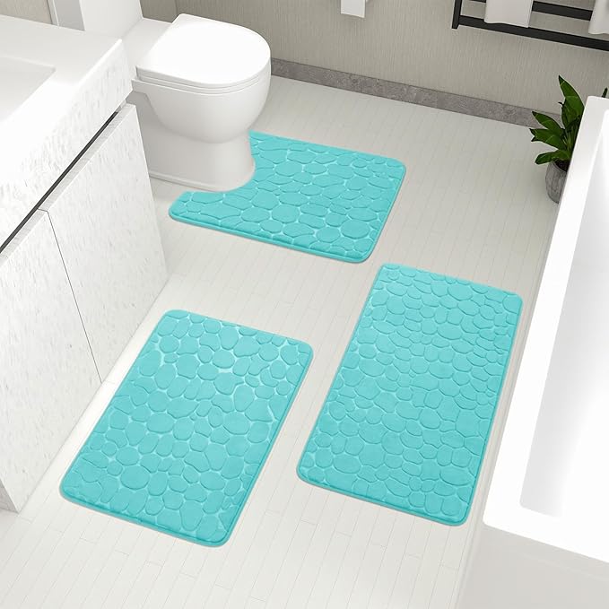 YIHOUSE Bathroom Rugs Mat Set, Memory Foam Bath Mat 3 Piece Teal
