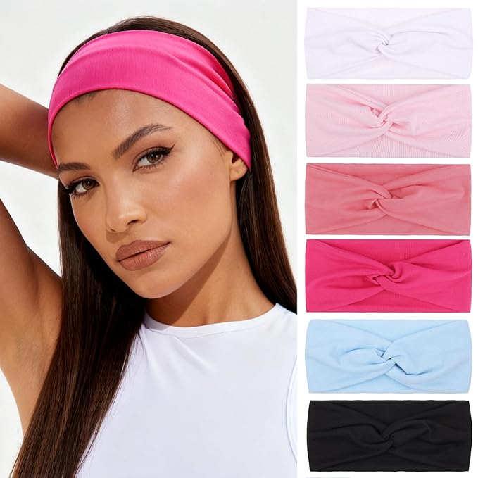 XTREND 6 Pcs Women's Headbands Twisted Cross Elastic Head Bands Yoga Workout Hairbands Non-Slip Sweat Soft Headband Solid Color Simple Versatile Hair Accessory Head Band