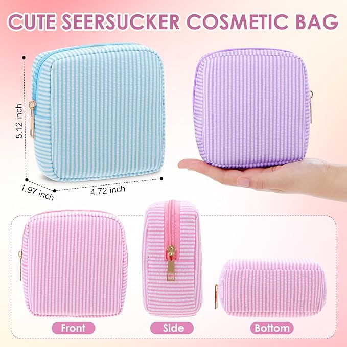 Sanwuta Seersucker Cosmetic Bag Bulk Striped Makeup Bag for Women Aesthetic Cute Travel Toiletry Organizer Preppy Storage Pouch for Wedding Bridesmaid Mother's Day Teacher Gift(Small,Macaron Color,6)