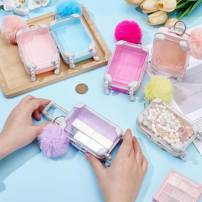 SOFPLATE 6Pcs Mini Suitcase Box Empty Candy Boxes Small Tiny Plastic Cosmetic Luggage Colorful Plush Fur Ball Keychain Reusable Gift Holder Storage Case for Eyelashes Candy Makeup False Lash Travel