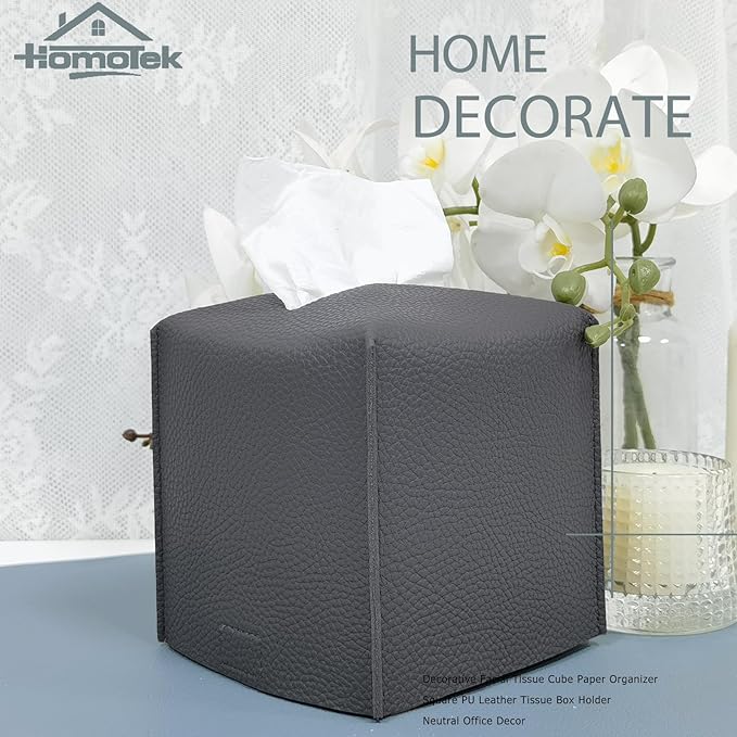 HOMOTEK 2 Pack Tissue Box Cover, Square PU Leather Tissue Holder, Decorative Facial Tissue Cube Paper Organizer Dispenser for Bathroom, Night Stands, Desk, Car 5X5X5'' - Beige, Pebble Grain
