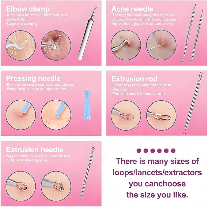 60PCS Pimple Popper Tool Kit, Professional Blackhead Remover for Face, Stainless Steel Pimple Extractor Set, Blackhead Remover Tweezers for Acne, Whitehead, and Blemish Treatment