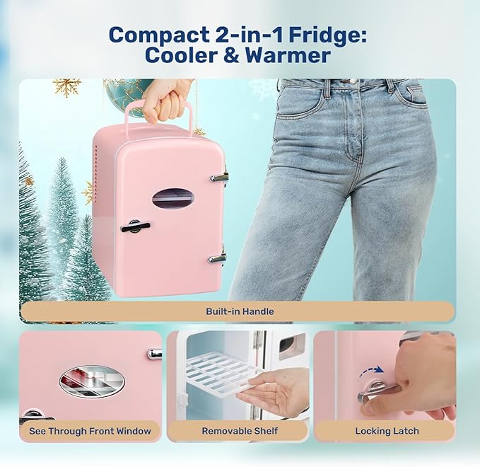 HealSmart Mini Fridge Portable 4 Liter/6 Can with Observation Window, Cooler&Warmer Small Desk Compact Refrigerator for Skin Care, Cosmetics, Beverage, Food in Bedroom, Car, Office, Dorm, Pink