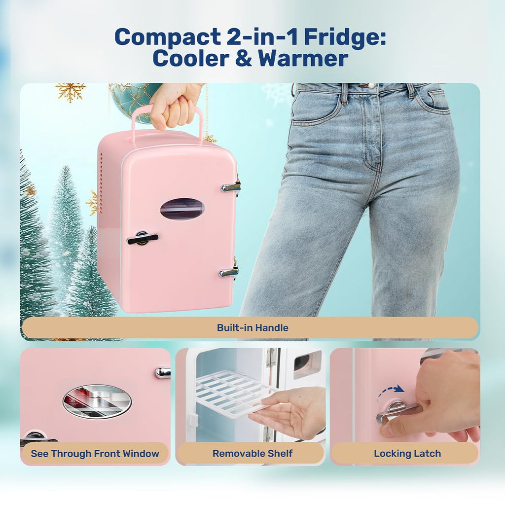 HealSmart Mini Fridge Portable 4 Liter/6 Can with Observation Window, Cooler&Warmer Small Desk Compact Refrigerator for Skin Care, Cosmetics, Beverage, Food in Bedroom, Car, Office, Dorm, Pink