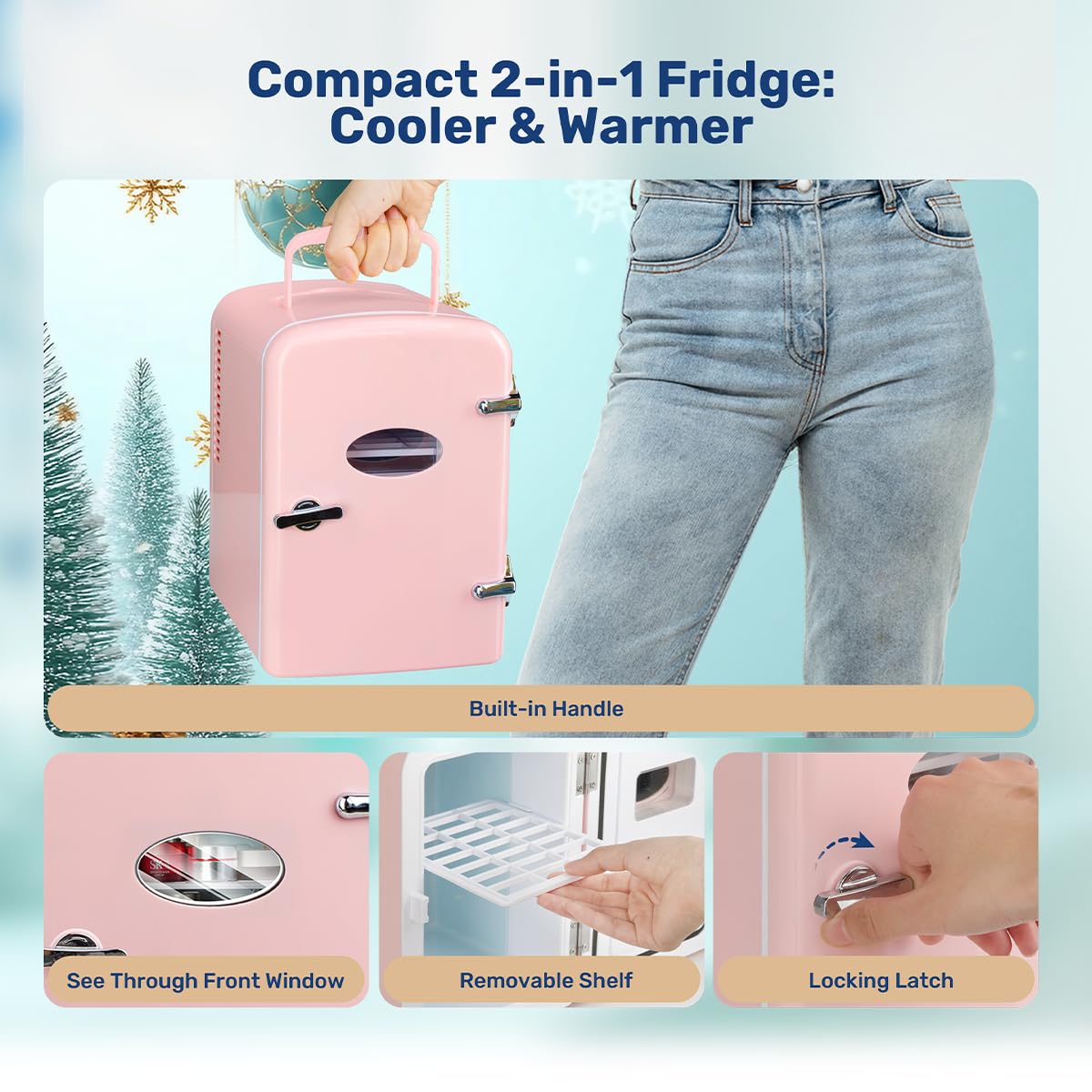HealSmart Mini Fridge Portable 4 Liter/6 Can with Observation Window, Cooler&Warmer Small Desk Compact Refrigerator for Skin Care, Cosmetics, Beverage, Food in Bedroom, Car, Office, Dorm, Pink