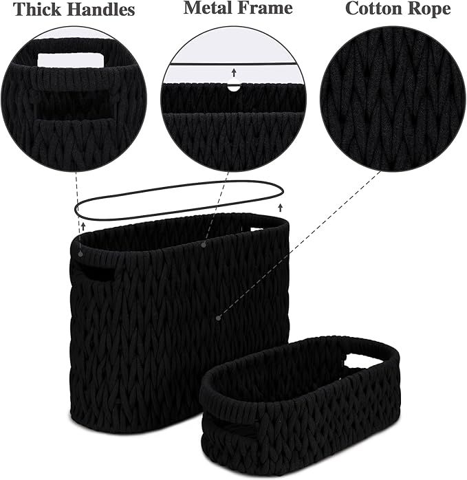 Boho Toilet Paper Storage Baskets, Cotton Rope Woven Bathroom Basket Set of 2, Standing Toilet Paper Holder for 6 Mega Rolls,Storage Bins for Toilet Tank Top, Bathroom Organizer Decor (Black 2 Pack)