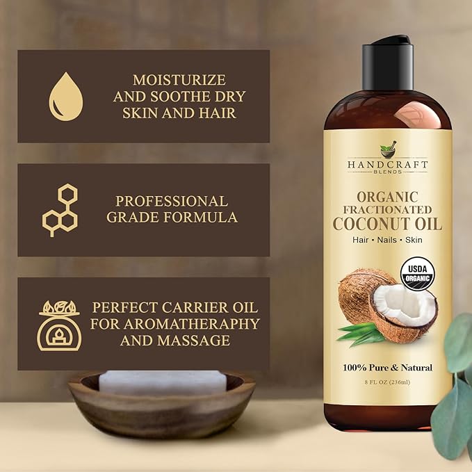 Handcraft Blends Organic Fractionated Coconut Oil | 100% Pure and Natural | Bath & Body Oil | Premium Grade Carrier Oil | Skin | Hair | Body | Massage | Hexane-Free | 8 Fl Oz