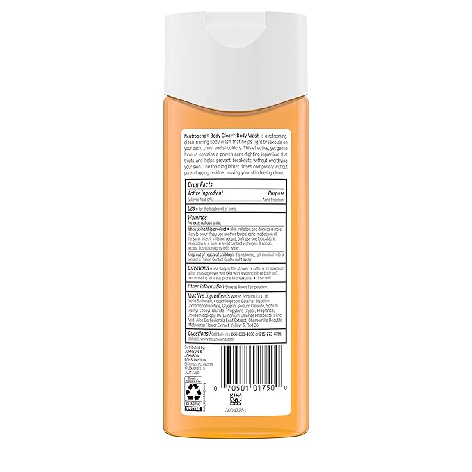 Neutrogena Body Clear Acne Body Wash, 2% Salicylic Acid Acne Medication, Oil-Free & Glycerin for Breakouts on Back, Chest & Shoulders, Non-Comedogenic, Gentle on Skin, Unscented, 8.5 Fl Oz, 3 Pack