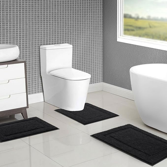 SHACOS Black Bathroom Rugs Sets 3 Piece Small Bath Mat U Shaped Toilet Rug