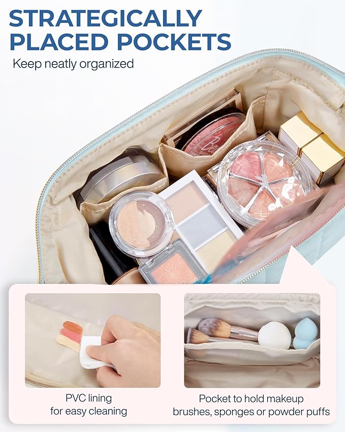 BAGSMART Makeup Bag Travel Toiletry Bag, Puffy Padded Make Up Bags for Women Makeup Organizer Case, Wide-open Pouch Purse Travel Essentials Toiletries Accessories Brushes, Light Blue