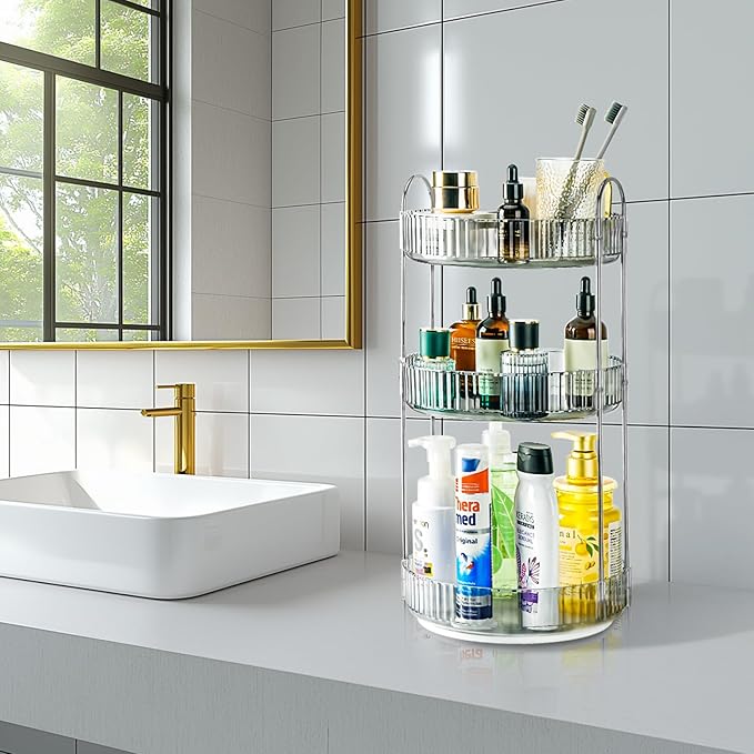Niluks 360 Rotating Makeup Organizer, 3 Tier Large Capacity Lazy Susan Bathroom Counter Organizer, Skincare Organizers, Spinning Perfume Organizer & Vanity Organizer Countertop (Classic Grey, 3 Tier)