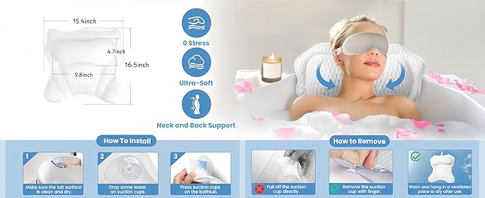 LIBRALUX Bath Pillows for Tub, Luxury Bath Pillows for Neck Head and Back Support,Bathtub Pillow with Soft 4D Breathable Mesh Fabric and Nonslip Suction Cups,Relaxing Bath Accessories .(White)