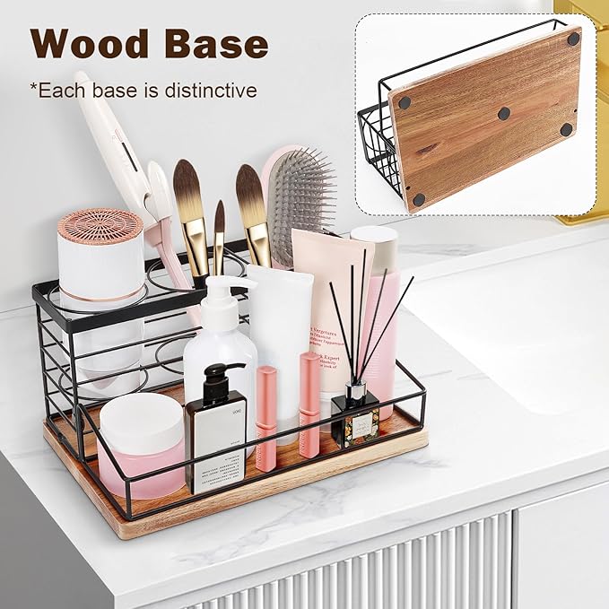 Siyzda Hair Tool Organizer, Movable Hair Dryer Holder, Hair Styling Tools Storage for Vanity, Bath Counter Organizer, Bathroom Trays for Hair Toiletry, Makeup (12" x 7.7" x 5.8", Wood-Black)