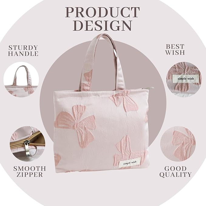 Wudygirl Makeup Bag Travel Cosmetic Bag for Women Small Makeup Pouch with Handle Zipper Cosmetic Pouch Handbag Aesthetic 8.3" x 6.7"(Pink Bow)