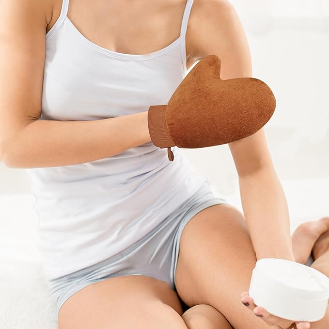 ASTIMESA Tanning Mitt and Self Tanner Back Applicator, Different Sized Self Tanning Kit, Tanning Glove Self Tan Back Applicator for Lotion Mousse Sunless Face Skin Body Beauty Women Men (brown)