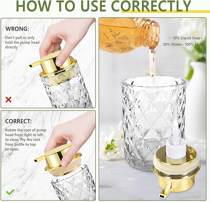 Abriclo Glass Foaming Soap Dispenser 2 Pack Refillable Foaming Hand Soap Dispenser with Gold Large Pump Wide Opening for Bathroom Kitchen Countertop Modern Home Decor with Elegant Pattern, Transparent