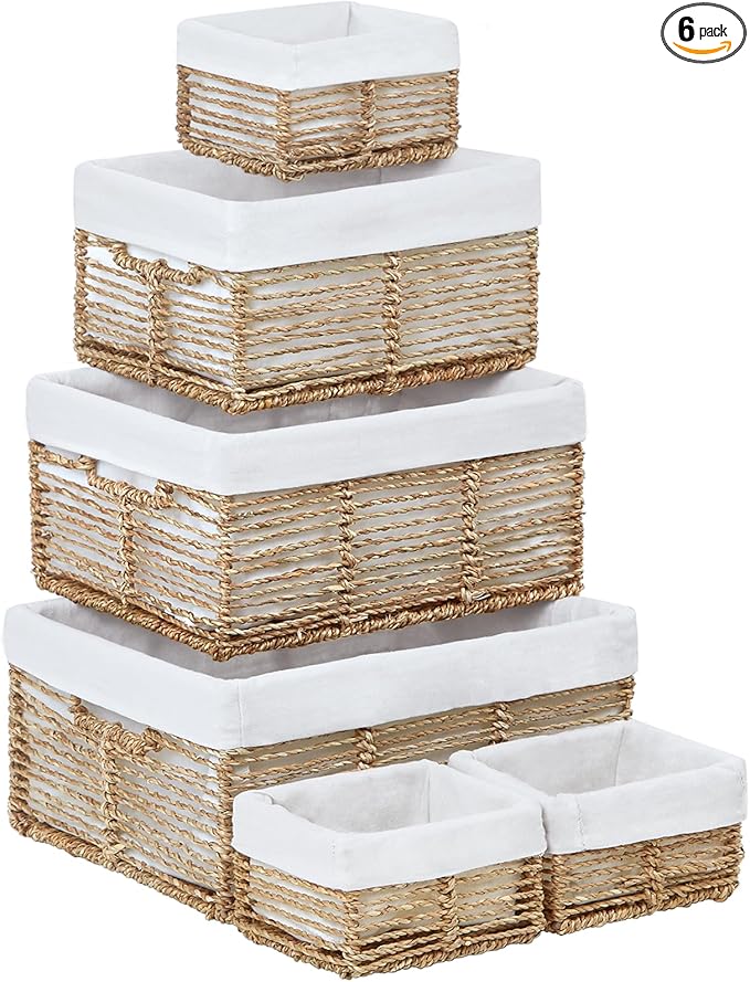 Vagusicc Wicker Storage Basket, 6 Pack Seagrass Baskets for Organizing, Wicker Baskets with Handle, Rectangular Woven Basket for Storage Shelves, Cube Storage Bins for Closet/Clothes/Dresser