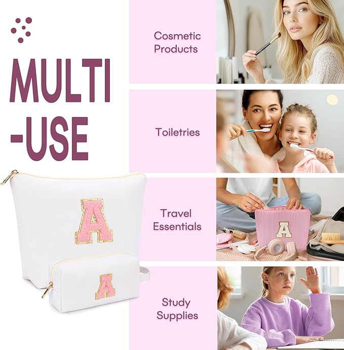 2 PCS Initial Makeup Bags for Women: Cosmetic Bag for Travel Toiletry - Birthday Gifts for 11 12 13 14 15 16 17 18 Years Old Girl Graduation Teacher Gift- Teen Girl Gifts Trendy Stuff - White A