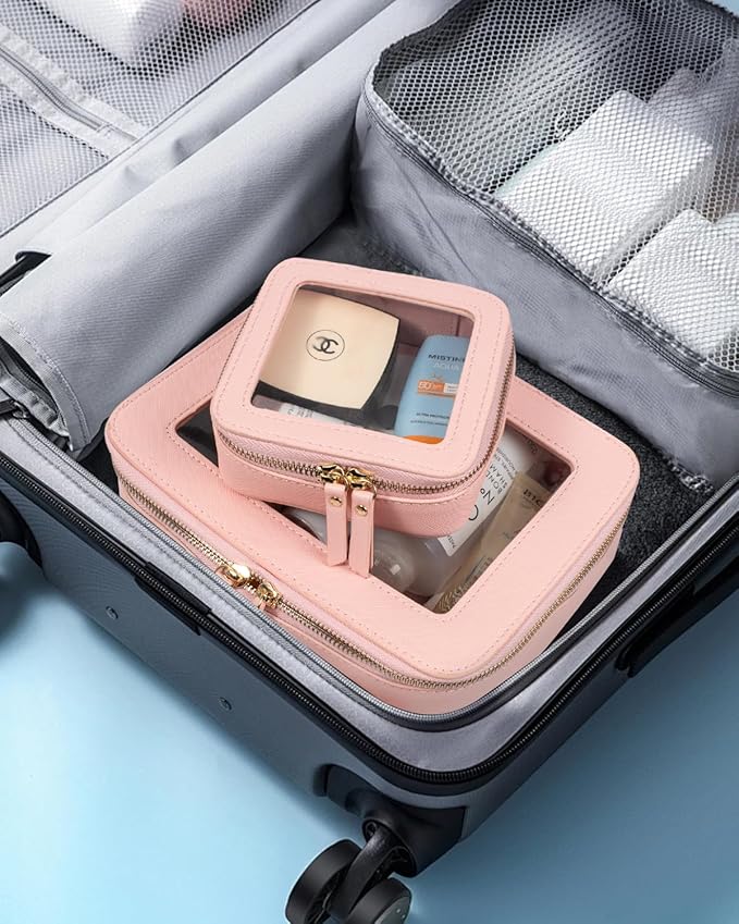 LETGO 2 Pack Clear Travel Toiletry Bag for Women, Large & Mini Waterproof PU TSA Approved Cosmetic Pouches, Portable Beach Vacation Makeup Organizer Set, See Through Skincare Sunscreen Bags for Women
