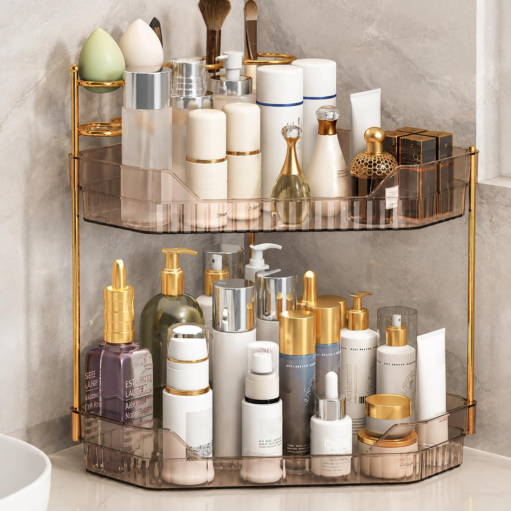 ZZWILLB Corner Bathroom Counter Organizer with Makeup Brush Holder & Toothbrush Holders, Makeup Organizer for Vanity Countertop, Acrylic Skincare Storage Shelf (Amber, 2-Tier)