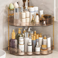 ZZWILLB Corner Bathroom Counter Organizer with Makeup Brush Holder & Toothbrush Holders, Makeup Organizer for Vanity Countertop, Acrylic Skincare Storage Shelf (Amber, 2-Tier)