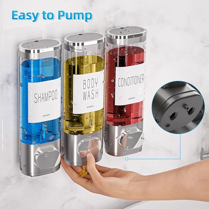 VITVITI Shampoo and Conditioner Dispenser for Shower Wall, Shower Soap Dispenser 3 Chamber No Drill Wall Mounted, 10.2 OZ Plastic Refillable Shower/Body Wash Bottles for Bathroom (Matte Silver)