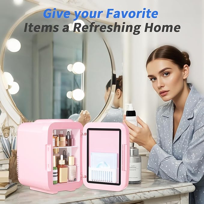 YASHE Skincare Fridge Mini Fridge for Bedroom with Dimmable LED Mirror, 4Liter/6 Cans Cooler and Warmer for Makeup, Cosmetic, Beauty, Portable Refrigerator for Bedroom, Vanity, Office and Car- Pink