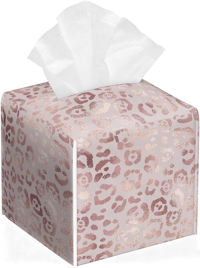 Pink Leopard Tissue Box Cover Leather Tissue Box Holder Square Facial Paper Organizer Dispenser for Bathroom Kitchen Bedroom Vanity Countertop Night Stands