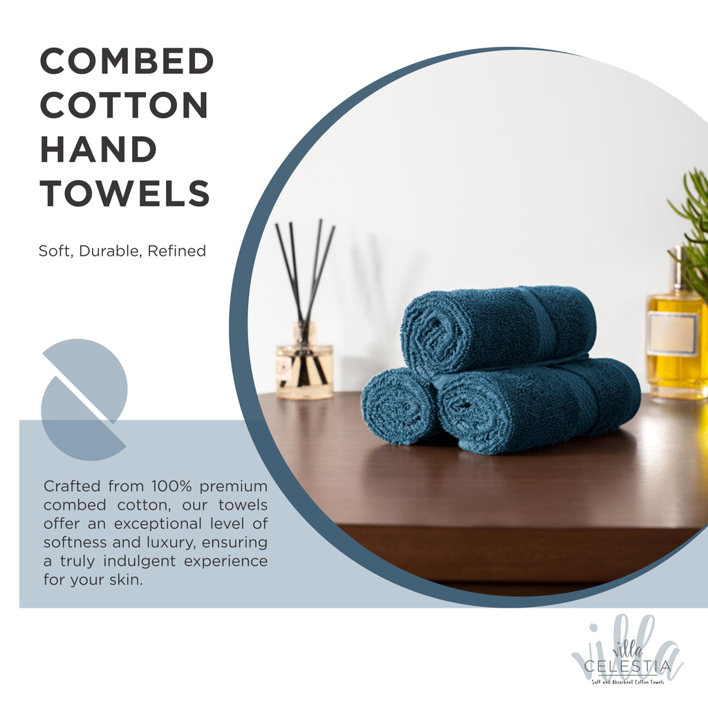 Villa Celestia Cotton Hand Towels Set of 4, 16 x 28, Oeko-TEX Certified, Quick Dry, Blue