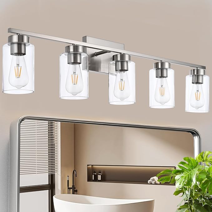A1A9 5 Light Bathroom Vanity Light Fixtures, Brush Nickel Modern Wall Lights with Clear Glass Shade, Vintage Wall Sconce Lighting for Living Room, Mirror, Bedroom, Hallway (Nickel, 5-Lights)