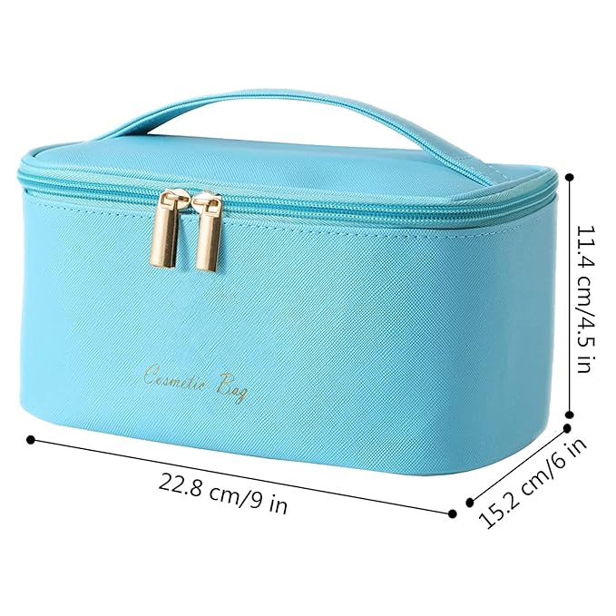 Meiyuuo Travel Makeup Bag for Women, PU Leather Cosmetic Bag, Bright Blue