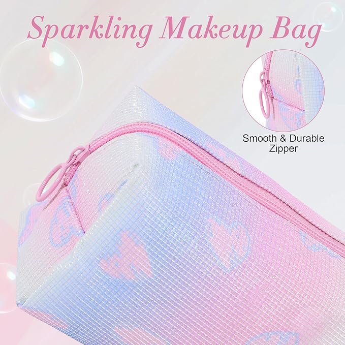 DALINEEYI Makeup Bag, Portable Makeup Brush Pouch, Shiny Cool Heart Pattern Makeup Organizer Case for Women, Small
