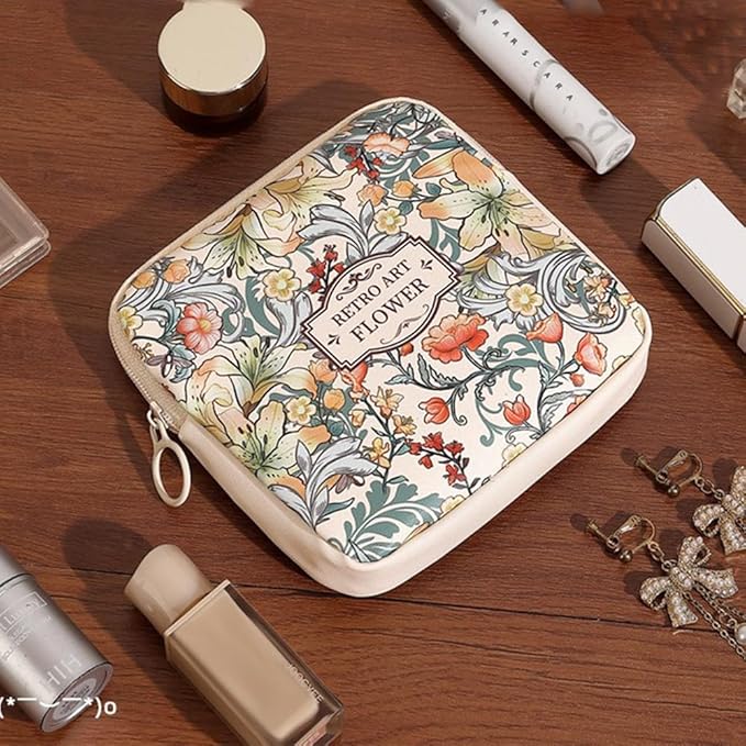 OULIGET Sanitary Napkin Storage Bags,Portable Menstrual Cup Nursing Pad Tampon Storage Pouch,Leather Oil Painting Flower Travel Makeup Bags Coin Purse Sundries Pouch with Zipper