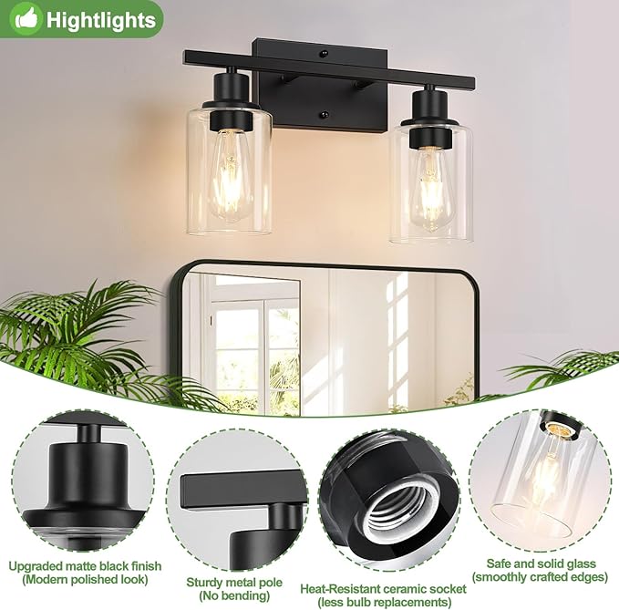 Matte Black 2-Light Bathroom Vanity Light with Clear Glass Shades — Modern Bathroom Light Fixtures & Vanity Lights for Mirror