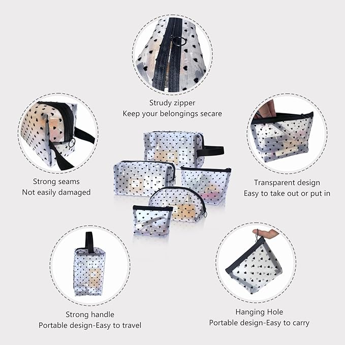 TRAKWAN 5-Piece Heart Printed Mesh Makeup Bag Set, Portable Travel Cosmetic Toiletry Purse Bags, Zipper Storage Pouches for Home Offices Travel Accessories (White)