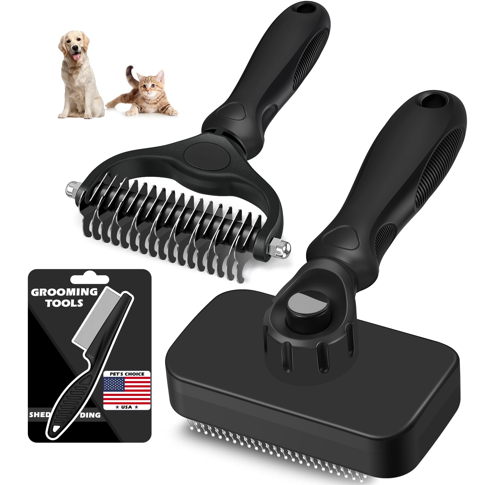 Professional 3PCS Self Cleaning Slicker Brush & Pet Grooming Rake & Flea Comb for Dogs,Cats and Horses (Yellow)