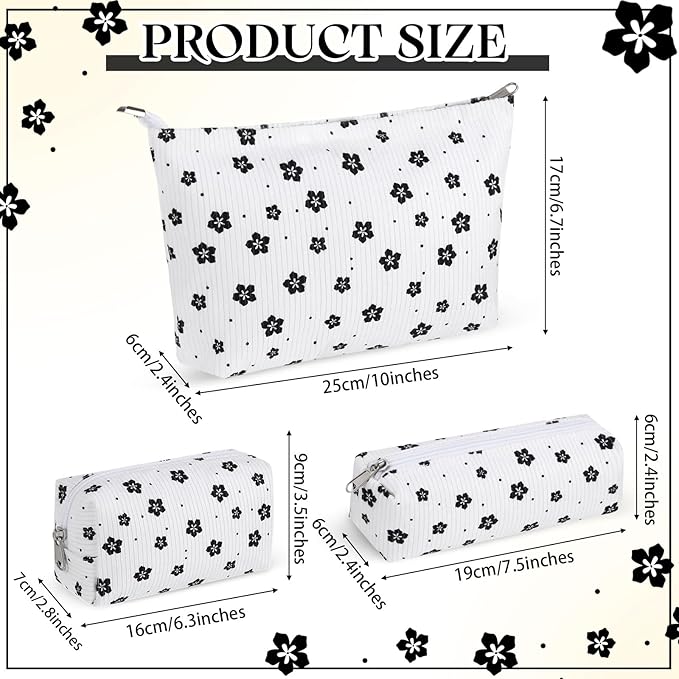 Huhumy 3 Pcs Makeup Bag Set for Women Corduroy Cosmetic Pouch Aesthetic Smile Travel Toiletry Bag Cute Purse Pouch Pencil Case Makeup Brushes Storage Organizer with Zipper(White,Floret)