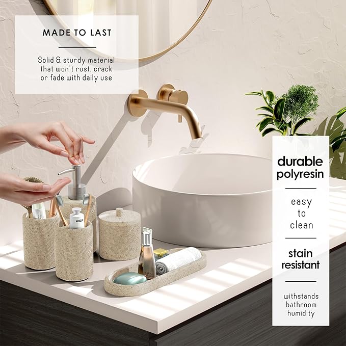 Clara Clark Bathroom Set - Beige Bathroom Accessories Set, 19PC Bathroom Accessory Set, Bathroom Sets with Shower Curtain Set, Soap Dispenser & Toothbrush Holder