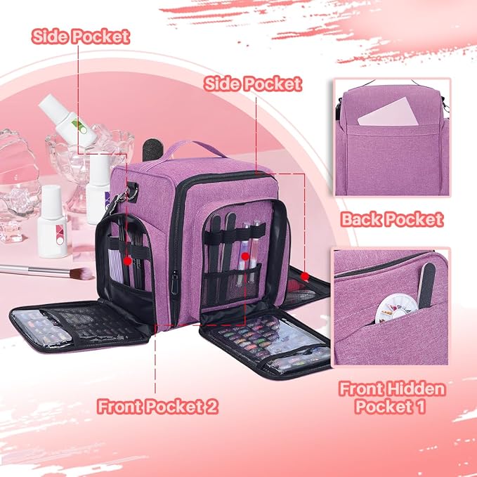UOZL Nail Polish Organizer Case Hold 90 Bottle with 3 Detachable Bag,Purple